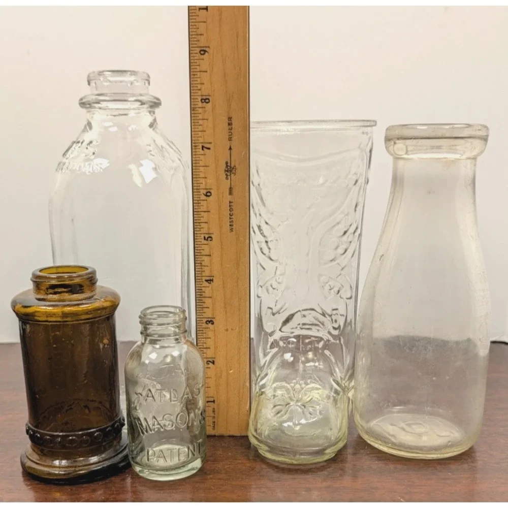 Vintage Glass Bottles 5 Antique Style Embossed Milk Medicine Amber Pioneer Woman